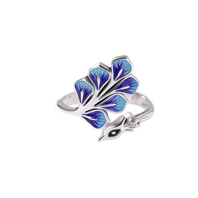 Vintage Retro Enamel Phoenix Peacock Adjustable Ring Tibetan Silver Women P68
