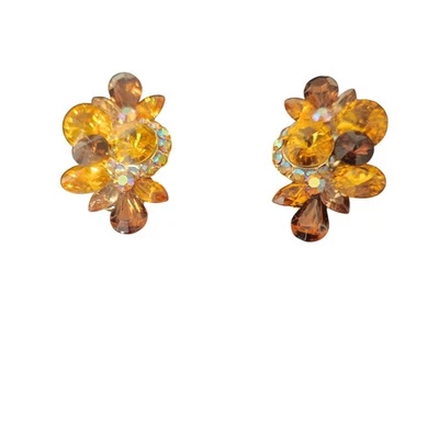 Sparkling Crystal Cluster Clip On Earrings Amber Brown Aurora Borealis Accents - Image 1 of 4