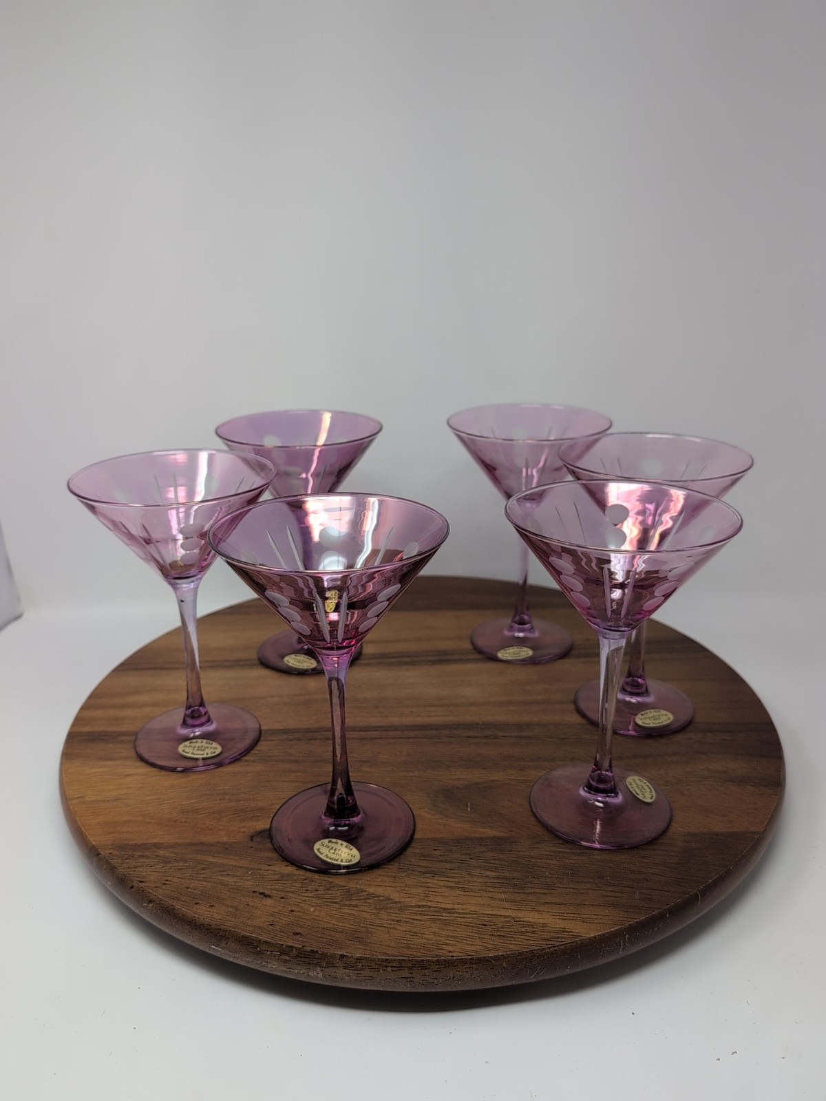 6 Made In USA Susquehanna Amethyst Purple Martini Glasses Hand Painted & Cut 