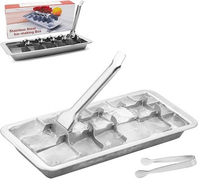 Stainless Steel Ice Cube Trays with Tweezers, Easy-Release Lever Handle, Durable