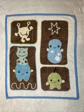 Cocalo Baby Throw Blanket Monsters Aliens Brown Tan Blue Trim Edge Fleece Lovey