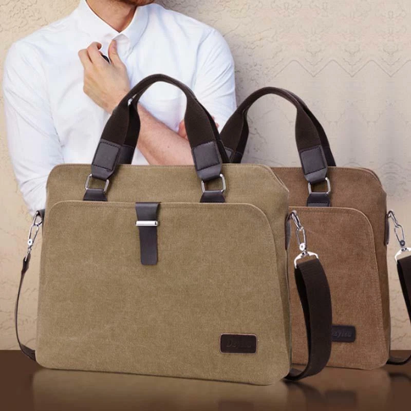 Canvas Handbag Men Briefcase 14 inch Laptop Bag Shoulder Bag Messenger Bag - Image 3 of 4