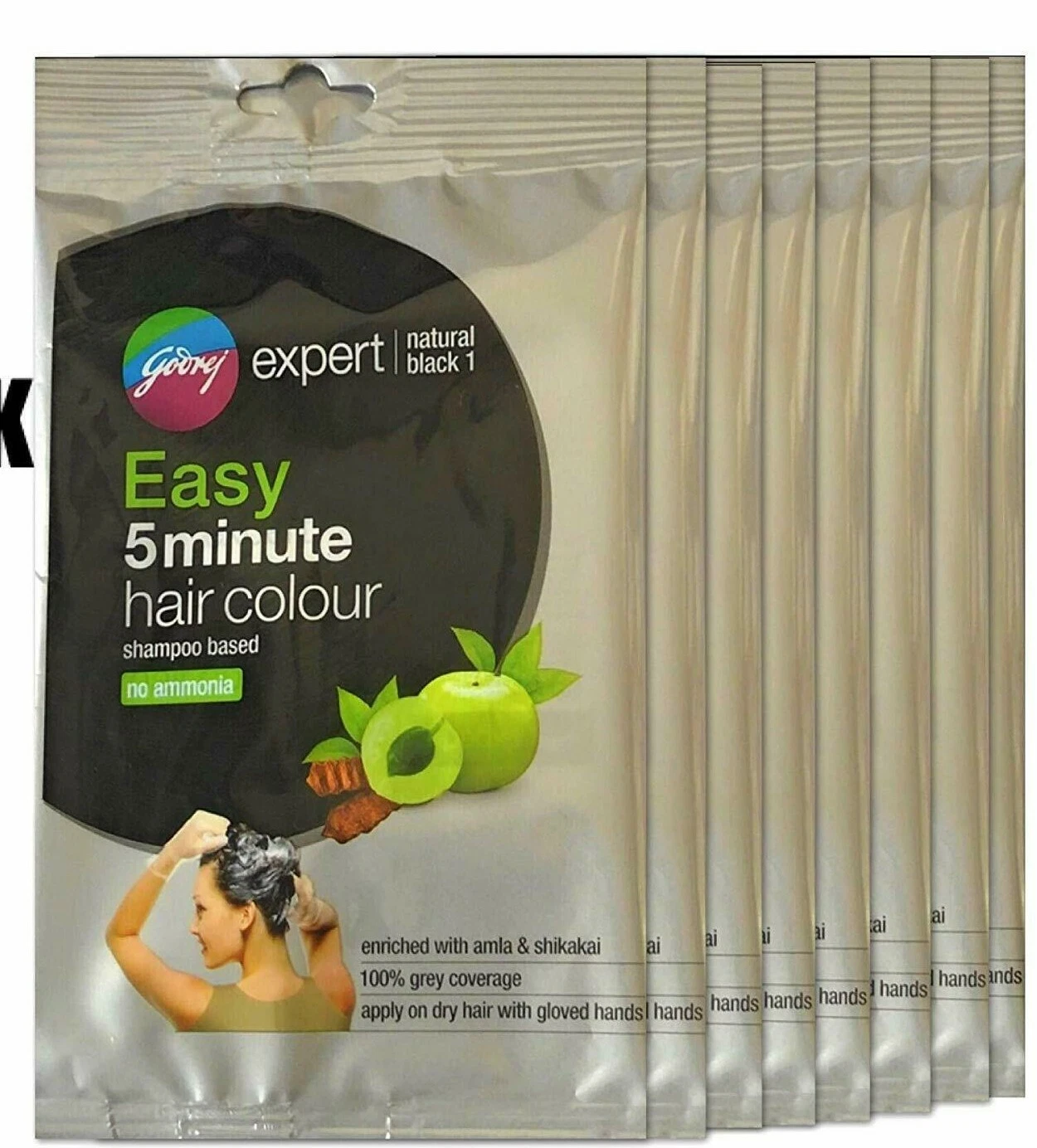 Godrej Expert Easy 5min Shampoo Hair Color 20ml 1-Natural Black, Pack Of 8