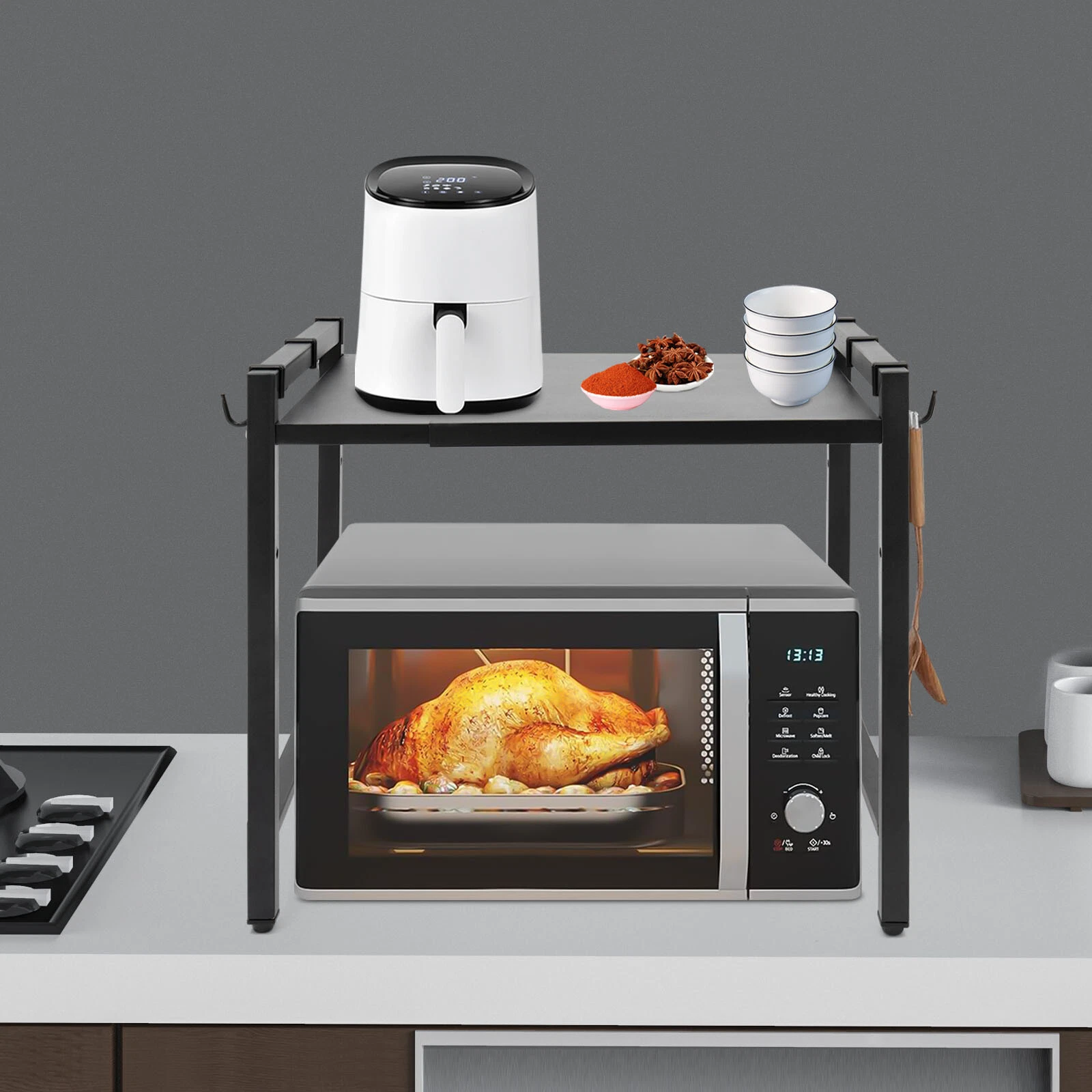 Adjustable Microwave Stand Black Oven Shelf Kitchen Countertop Organizer W/ Hook
Opens in a new wind