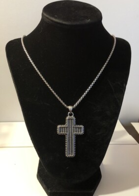 2.25  Stainless Steel Cross Rope Look Pendant 24  Rounded Box Chain C14