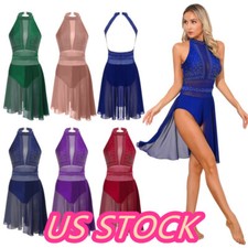  Women Lyrical Dance Dress Halter Neck High-Low Skirt Ballet Leotard Dancewear