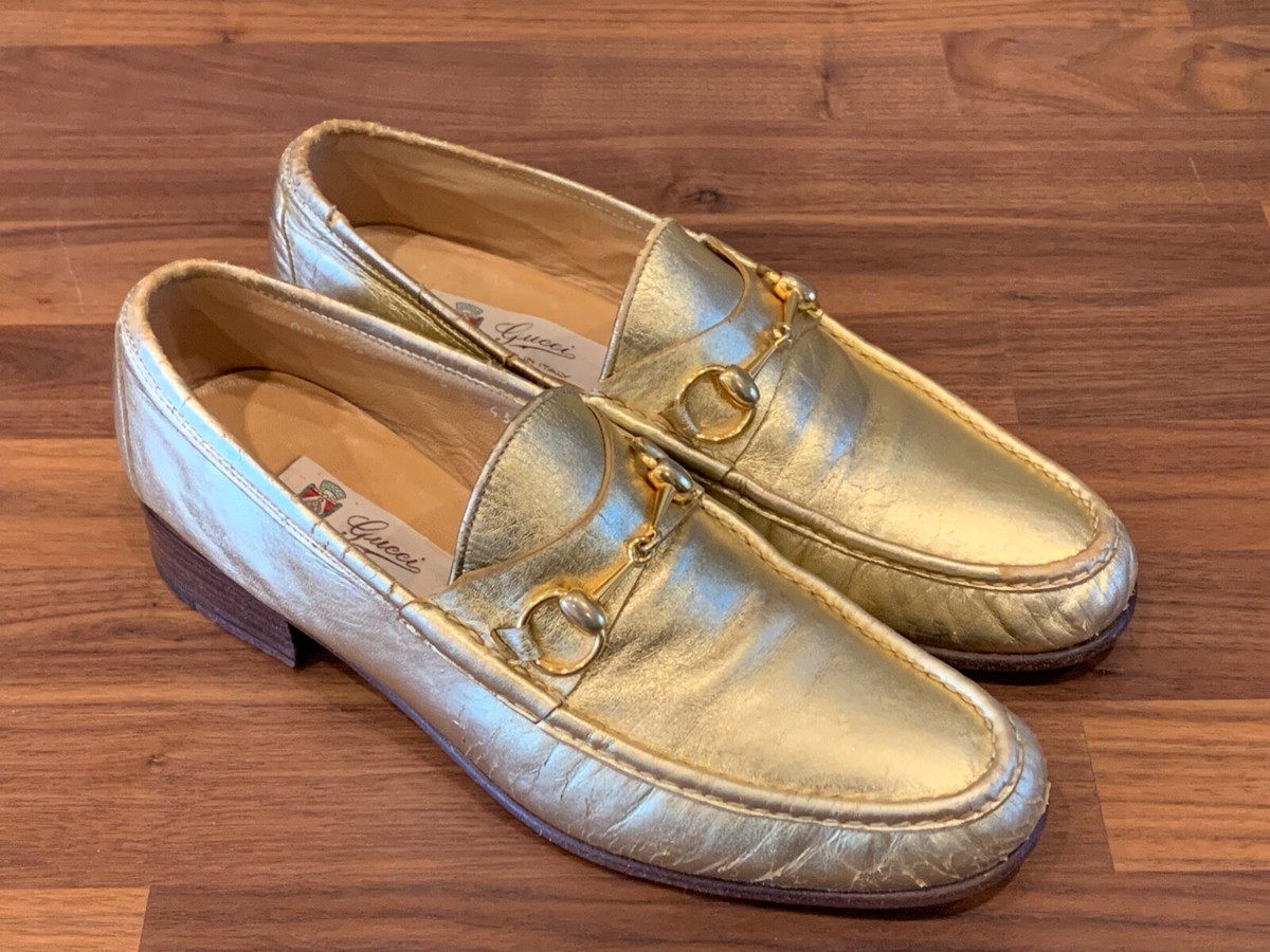 Vintage GUCCI Horse Bit Gold Metallic Leather Dress Shoe Loafers
