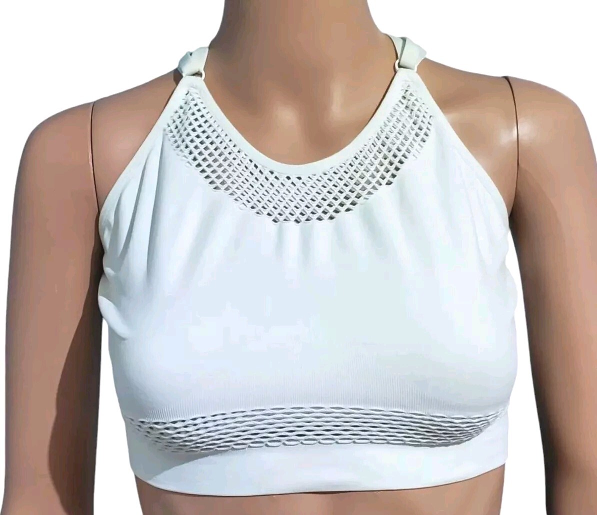 Cacique Bralette 14/16 White High Neck Strappy Back Mesh Yoga Bra-image