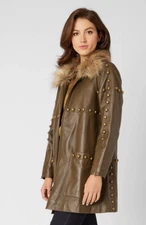 Adrienne Landau Brass Stud Leather Jacket Fir Green Size XS