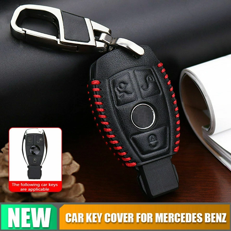 Funda de cuero negra con 3 botones para llavero remoto para Mercedes Benz Foto 2 de 4