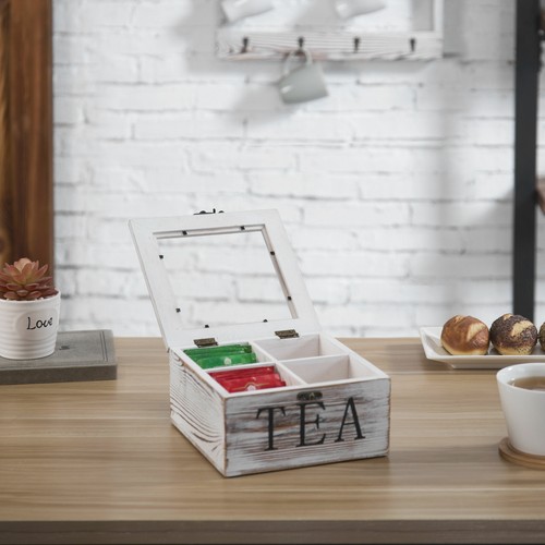 MyGift 4 Slot Rustic Whitewashed Wood Tea Bag Storage Chest with Clear Latch Lid - Picture 3 of 6