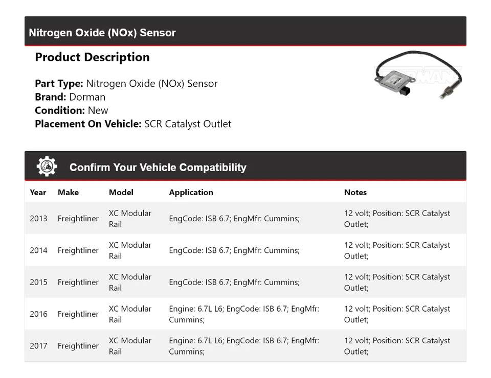 Sensor de óxido de nitrógeno (NOx) Dorman de riel modular Freightliner XC 2013-2017 Foto 2 de 4