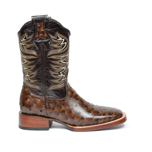 Men's Leather Cowboy Boots Ostrich Print Faux Rodeo Square Toe Botas Vaqueras - Picture 4 of 7