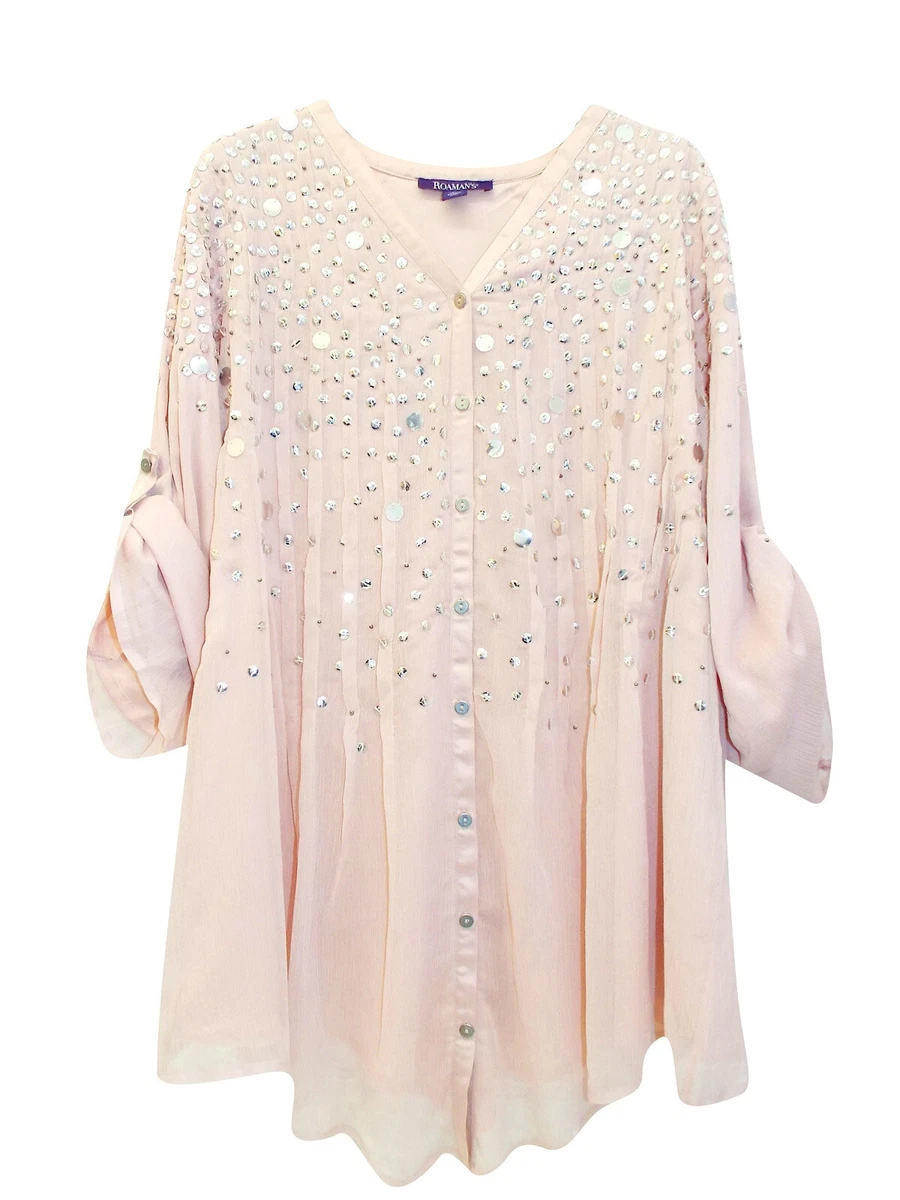 Ladies Roamans Antique Blush Glam Sequin Embellished Roll Up Tunic Plus Size Top