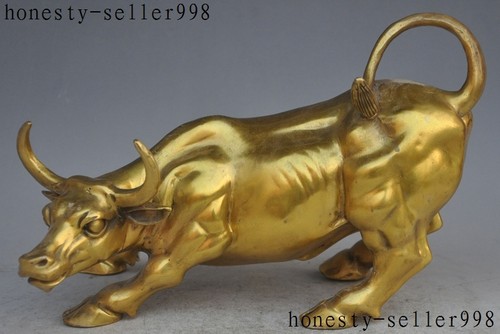 12"Chinese FengShui Brass Copper Lucky Wealth cattle Bull Wild ox animal Statue