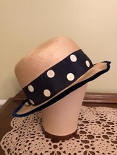 Vintage Eric Javits Summer Hat Polka Dot Silk Ribbon Blue Velvet Rim