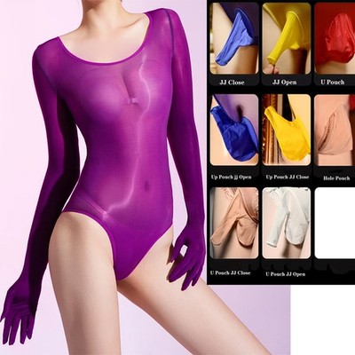 Men Women High Cut Bodysuit Oil Glossy Shiny Tights Shapping Leotard Underwear