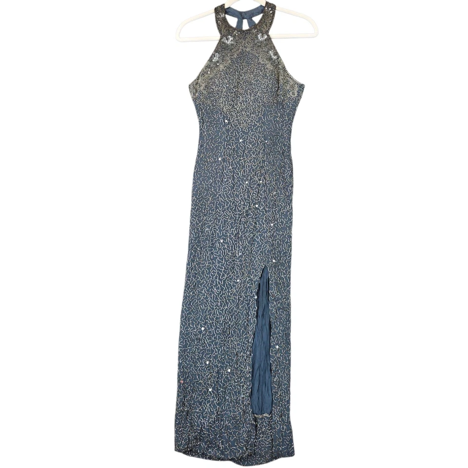 Vestido Vintage Colección Sean Para Mujer S Azul Plata Cuentas Seda Halter Espalda Abierta Foto 4 de 4