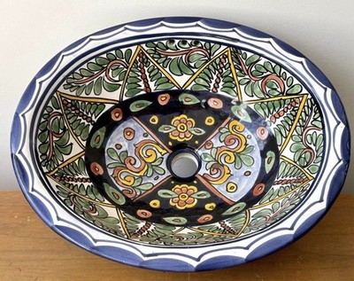 Beautiful Mexican Talavera Greca Ceramic Handmade Bathroom Sink 17x14x9 Deep New