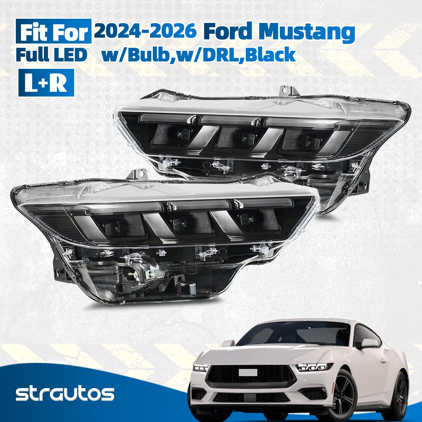Left+Right Pair Full LED Headlight Black w/Bulb w/DRL For 2024-2026 Ford Mustang