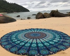 Round Beach Tapestry Turquoise Mandala Throw/Boho Hippie Beach Blanket Roundi...