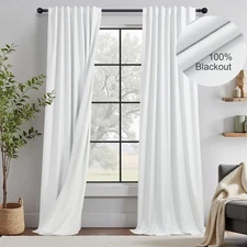 White Linen Blackout Curtains 95 Inches Long 2 Panel Set Cute Burg Nosie Redu...