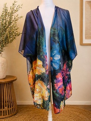 Aratta Bohemian Multicolor Floral Kimono Style Shawl Wrap with Fringe
