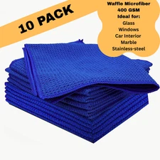 10 Pack of Microfiber Waffle Cleaning Cloths - 16 x 16 Lint Free Blue 400 GSM