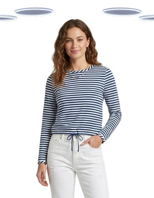 Ex White Stuff Damen Shirt - Langarm Benne Streifen Print Bindesaum Blau Mix