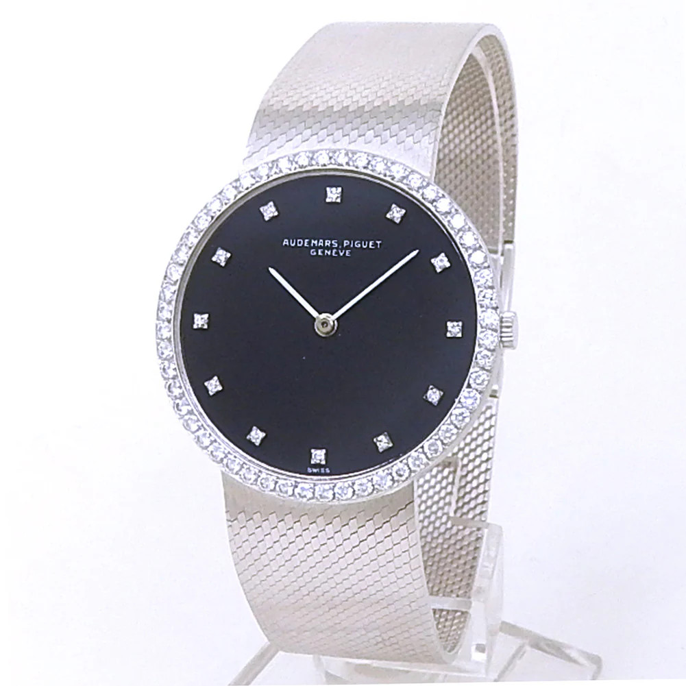 Audemars Piguet Vintage Ultra-Thin 18k White Gold Diamonds Black Men's Watch