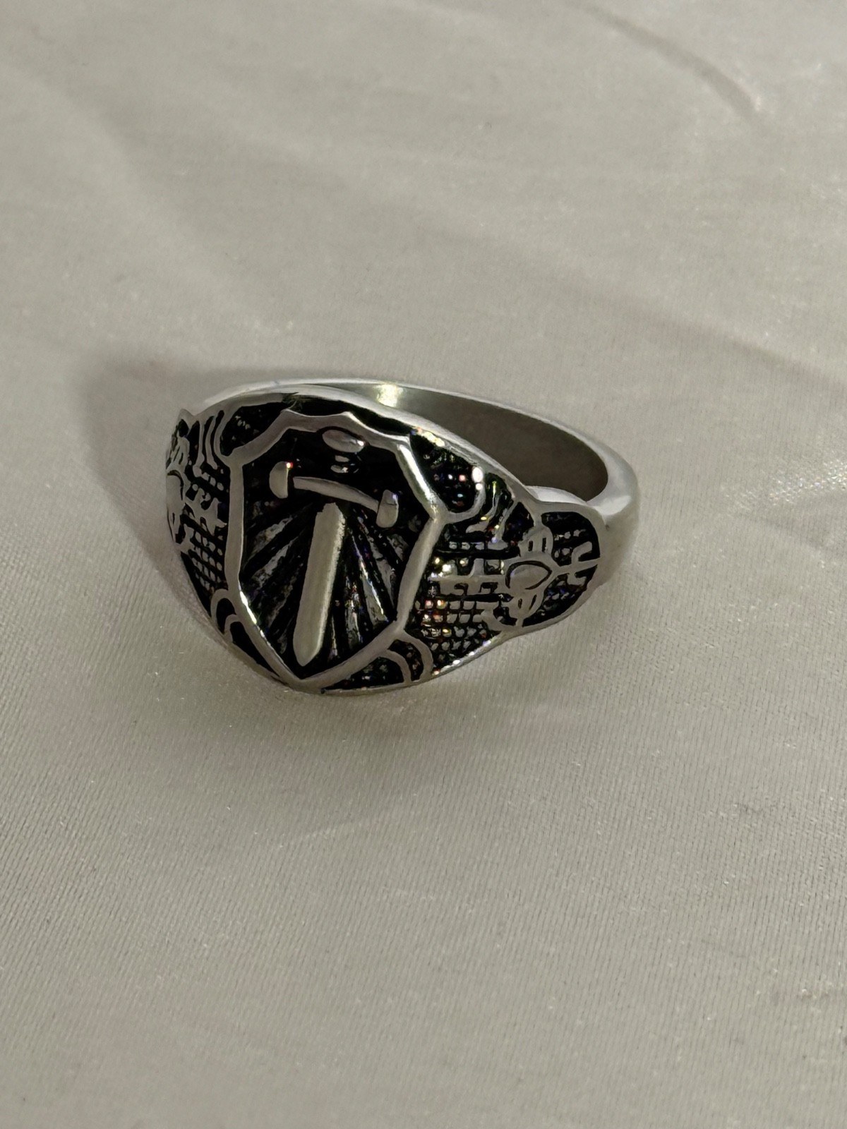 Stainless Steel Crusader Sword Ring – Knight Templar Shield Design – Antique Sil