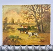 FRENCH OIL PAINTING HUNTING DOGS IN FIELD 1930-50 Antique Vintage