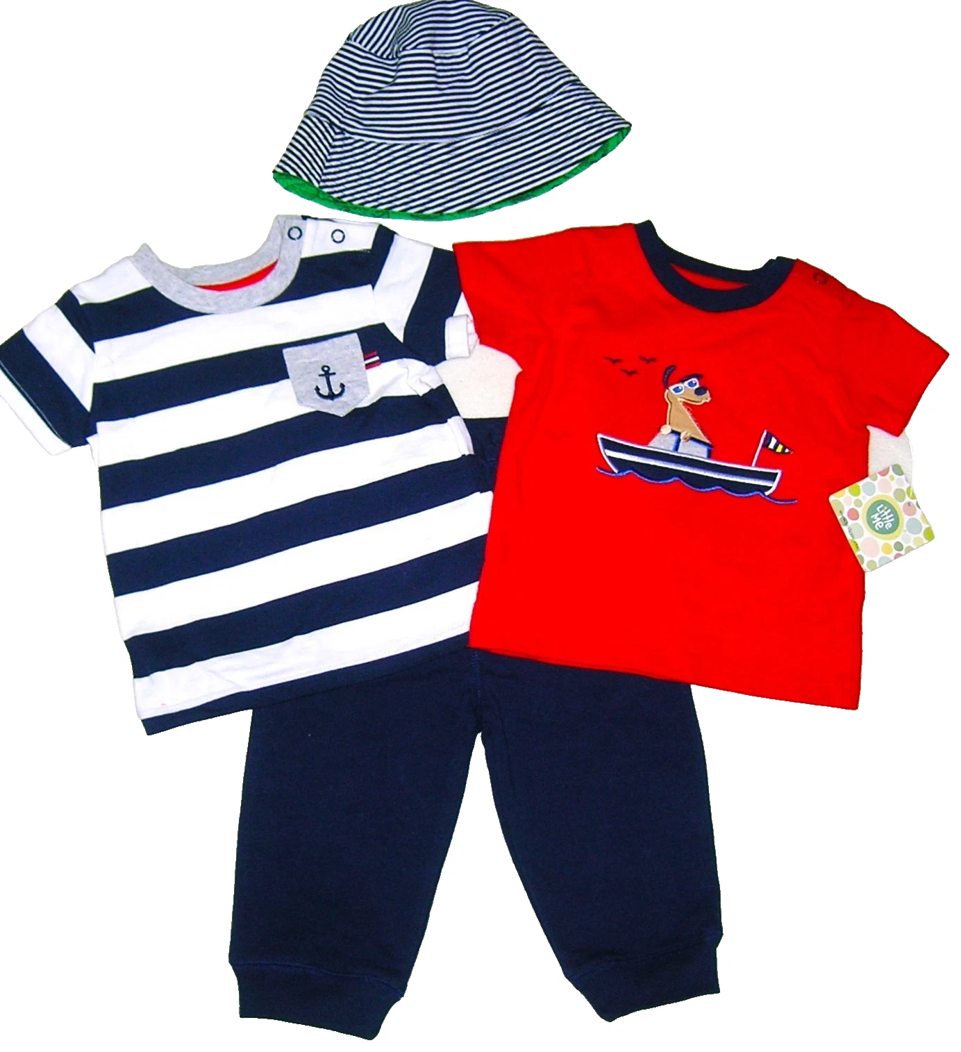 LITTLE ME 5PC OUTFIT SET W/ 2 SHIRTS 1 PAIR PANTS 1 REVERSIBLE HAT 12M Patriotic