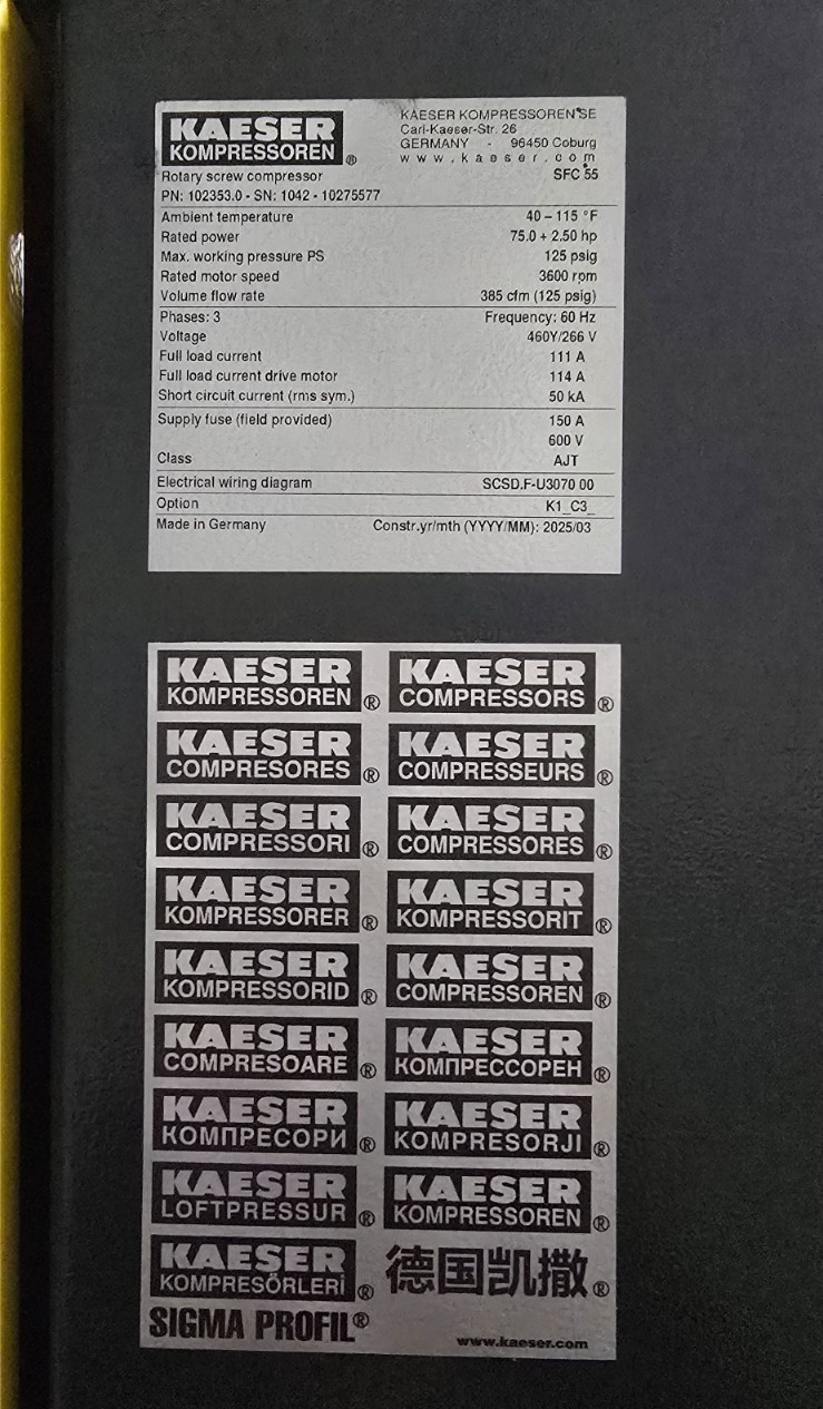 Kaeser SFC 55 Rotary Screw Compressor w/ Variable Speed Drive 75hp