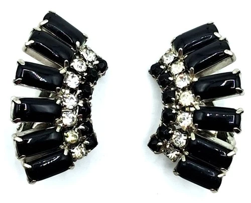Black Clear Rhinestone Earrings Ear Climbers Clip Ons Vintage Costume Jewelry