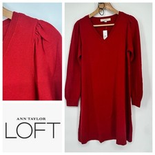 LOFT Womens Sweater Dress Red Knit Long Sleeve V Neck Button Cuff Size S