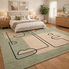 Hand Tufted Wool Area Rug Green Beige Abstract Modern Carpet for Living Room