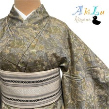 Kimono E625 small pattern lining brown-green gray pure silk height 157cm flower