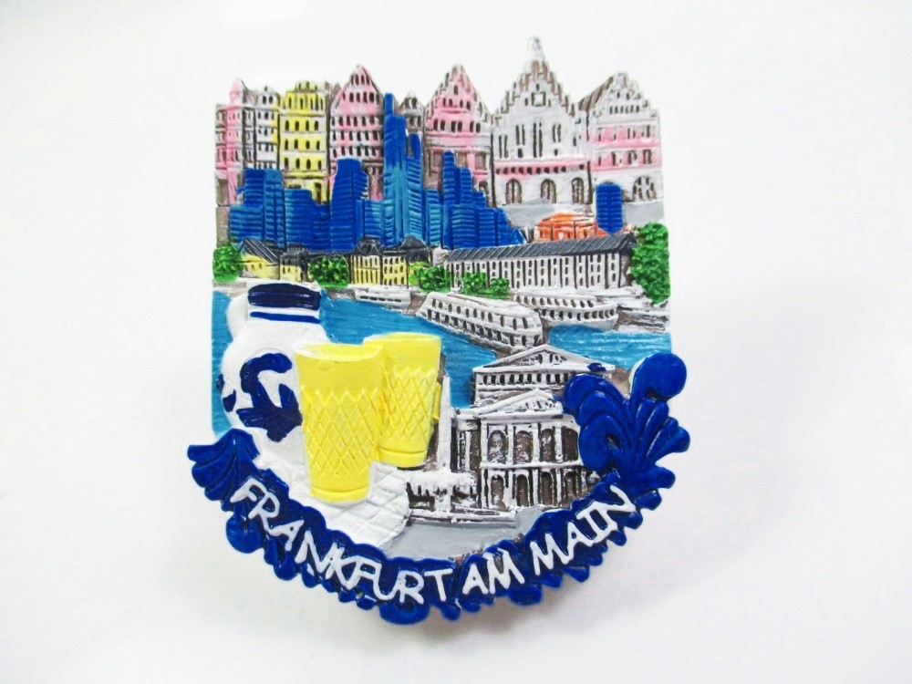 Frankfurt magnet poly souvenir Germany skyline Römer Main Äppelwoi Bembel