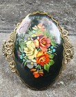 Vintage Russian Hand Painted Floral Brooch Black Lacquer Upcycled To Cuff Bracel — photo 3