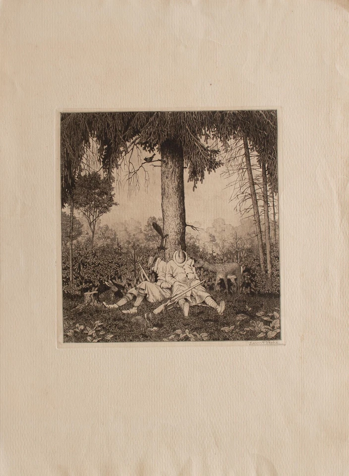 Ernst Peche Schlafende Jäger Jagd Humor Jugendstil Radierung signiert 1920 - Bild 4 von 4