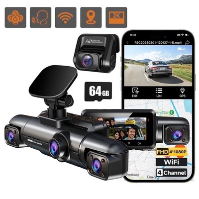 Unbranded 360 GPS Dash Cam, 4-Channel 1080P Front, Rear, Inside, Voice Control,