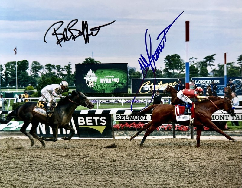 BOB BAFFERT & MIKE SMITH HAND SIGNED 8X10 JUSTIFY WINS THE TRIPLE CROWN BELMONT