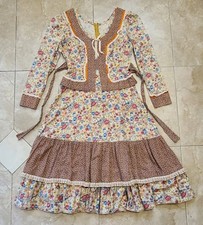 VTG 1970's Handmade Prarie Dress Brown Floral Peplum Lace Up Bodice Women's S