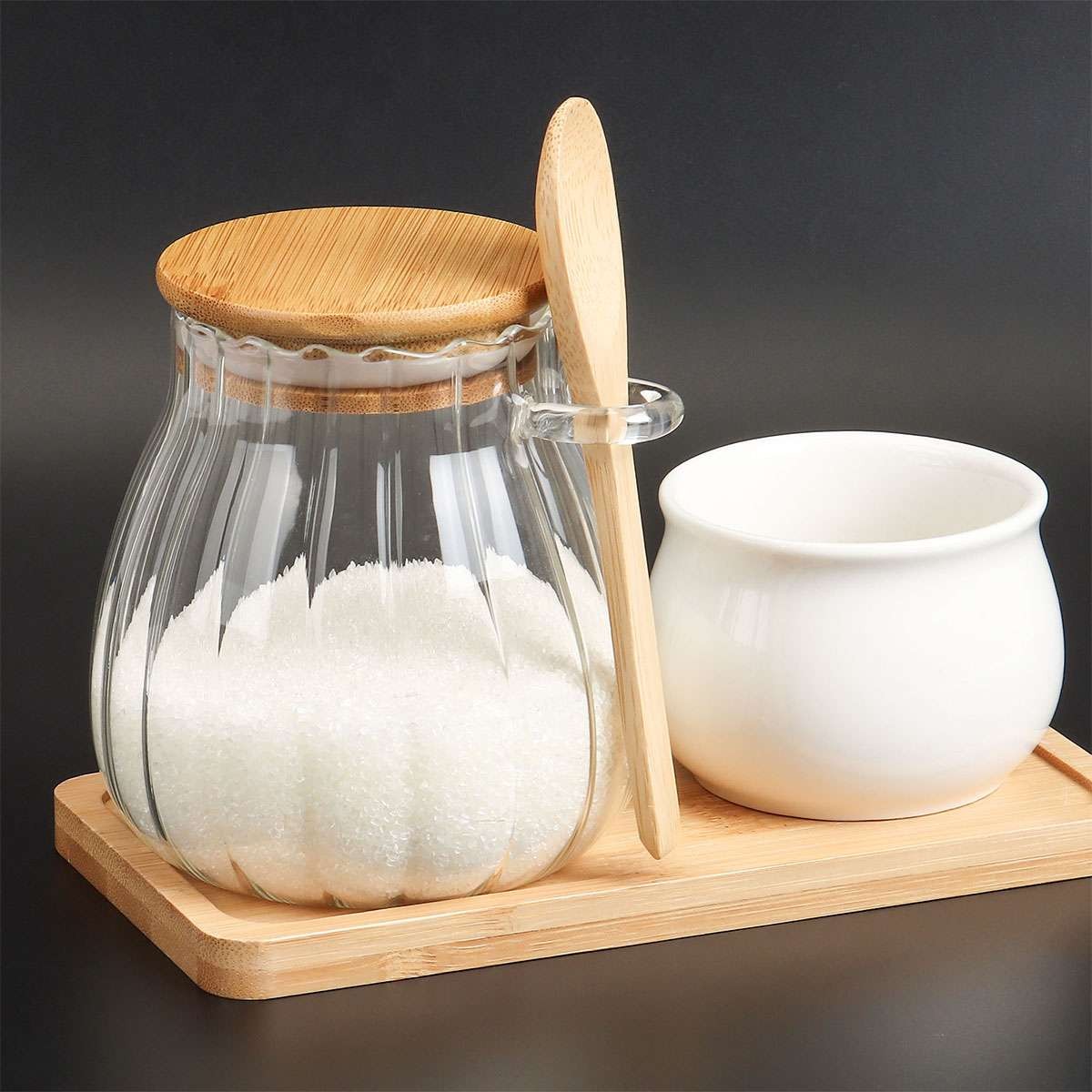 Sugar Container with Bamboo Lid and Spoon,350ml Sugar Bowl Glass Jar for Coffee