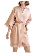 Women Silk Short Kimono Robes, Lightweight Satin Lace Robe, Small Rose Pink