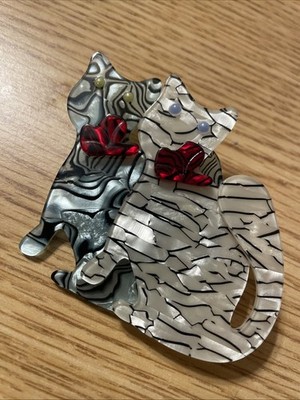 Double Cats-Gray & White Acetate w/Red Bows & Pearl Eyes-Lea Stein Reproduction