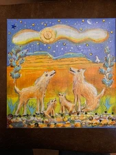 mixed Media Coyote Painting by SW artist C. Davison 12"x12" unframed