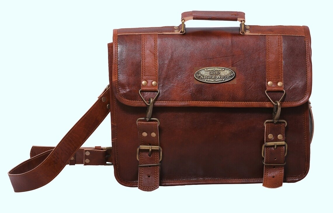 21" Crossbody Leather Messenger Laptop Bag Brown Leather Satchel Men