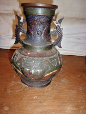 Joli vase en bronze cloisonné ancien Asie / décor polychrome